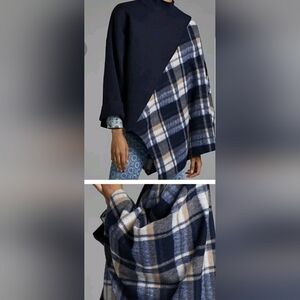 Anthropologie Mixed Plaid Poncho Navy One Size